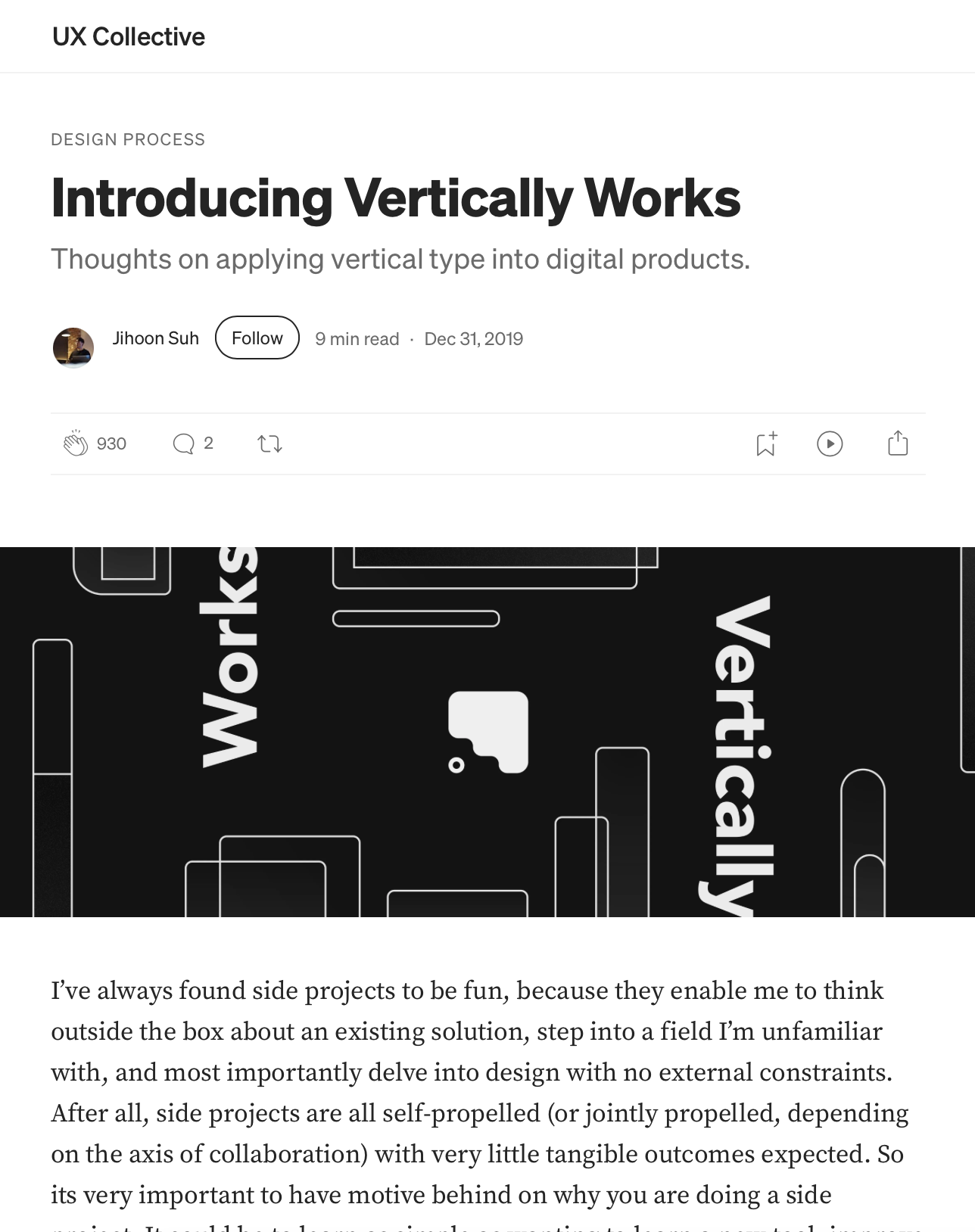 The original 2019 UX Collective article, Introducing Vertically Works